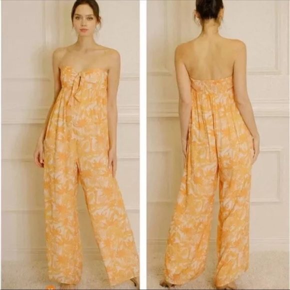 New STORIA Jumpsuit Wide Leg Sz L PALM TREE STRAPLESS Hawaiian Tropical Vacation - Picture 1 of 11
